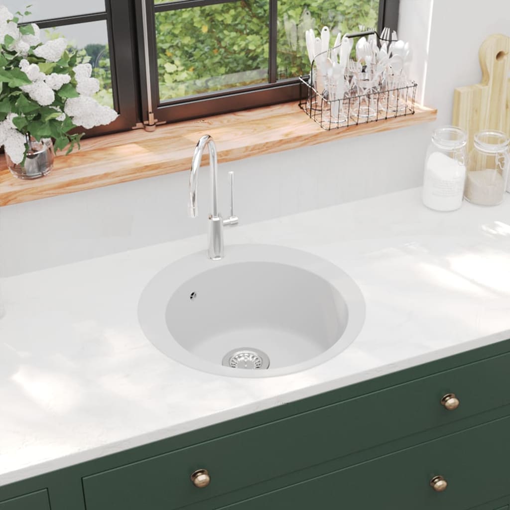 vidaXL Granite Kitchen Sink Single Basin Round White