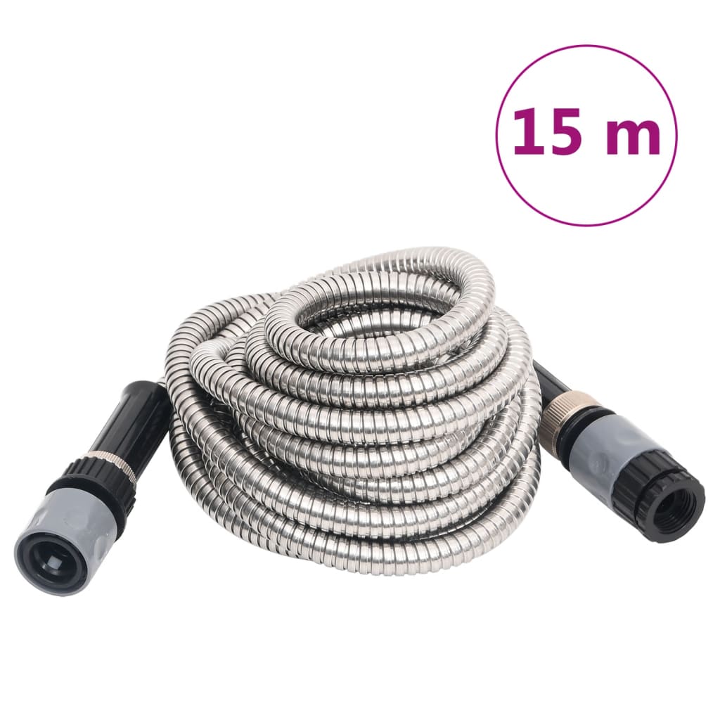 vidaXL Garden Hose with Spray Nozzle Silver 0.6" 15 m Stainless Steel