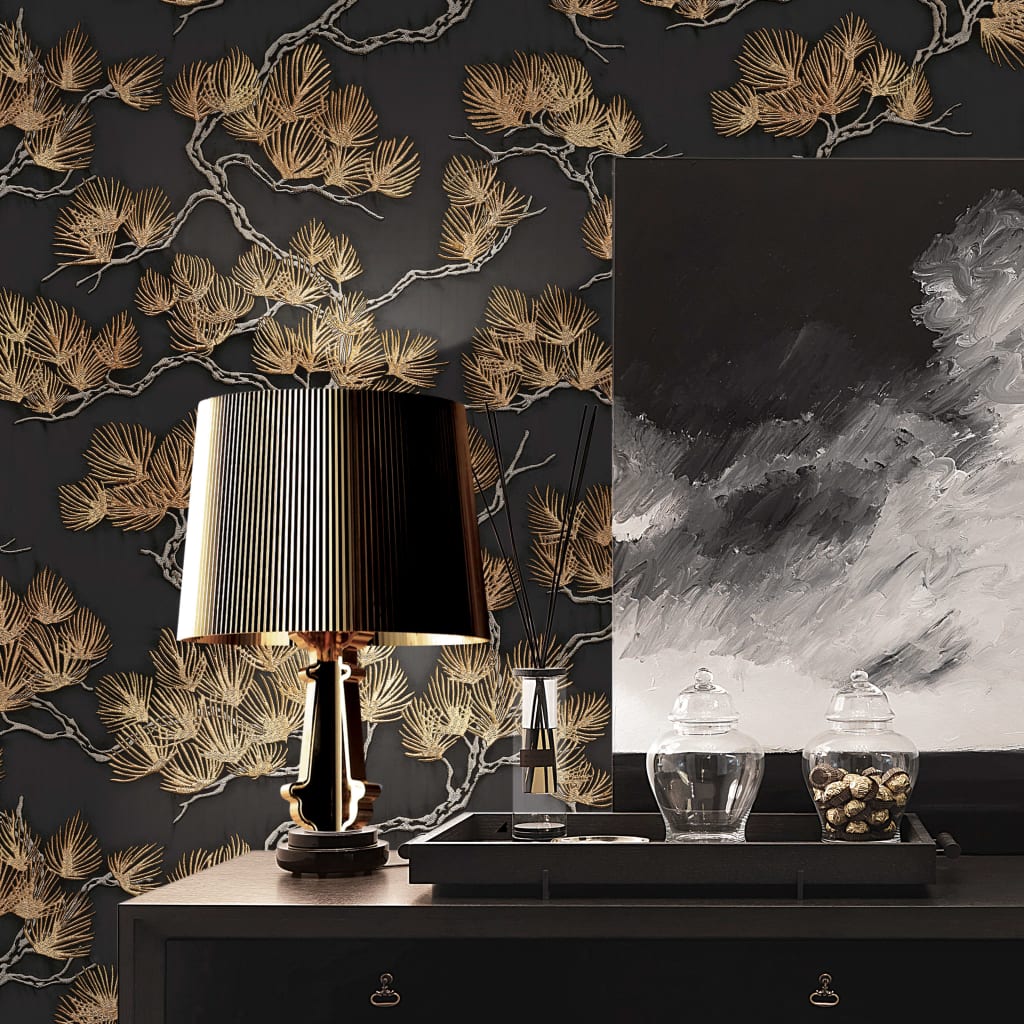 DUTCH WALLCOVERINGS Wallpaper Pine Tree Black and Gold
