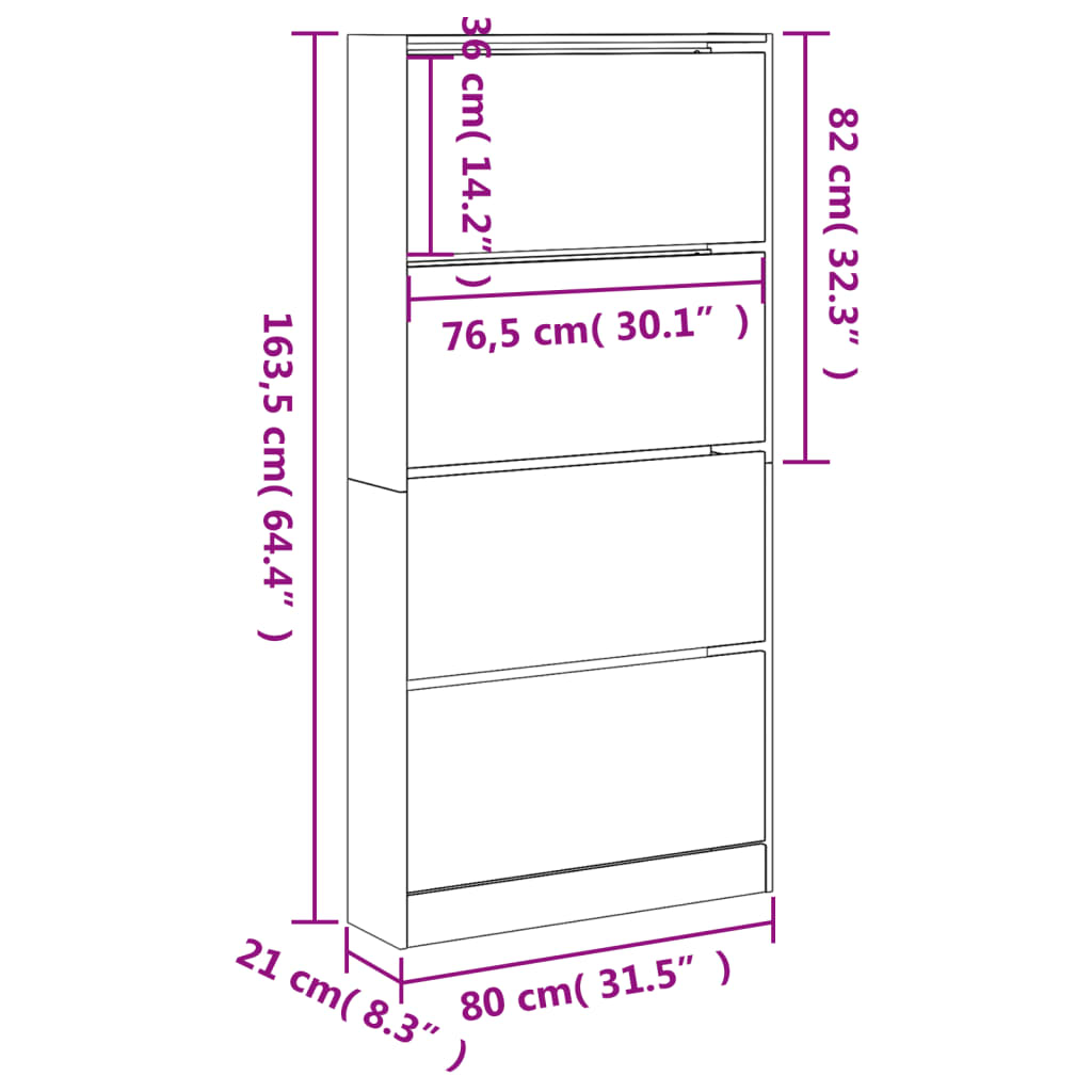 vidaXL Shoe Cabinet with 4 Flip-Drawers White 80x21x163.5 cm