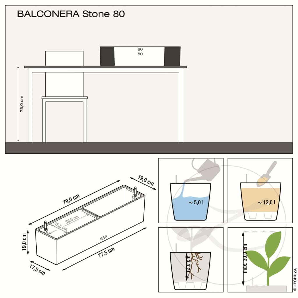 LECHUZA Planter BALCONERA Stone 80 ALL-IN-ONE Grey