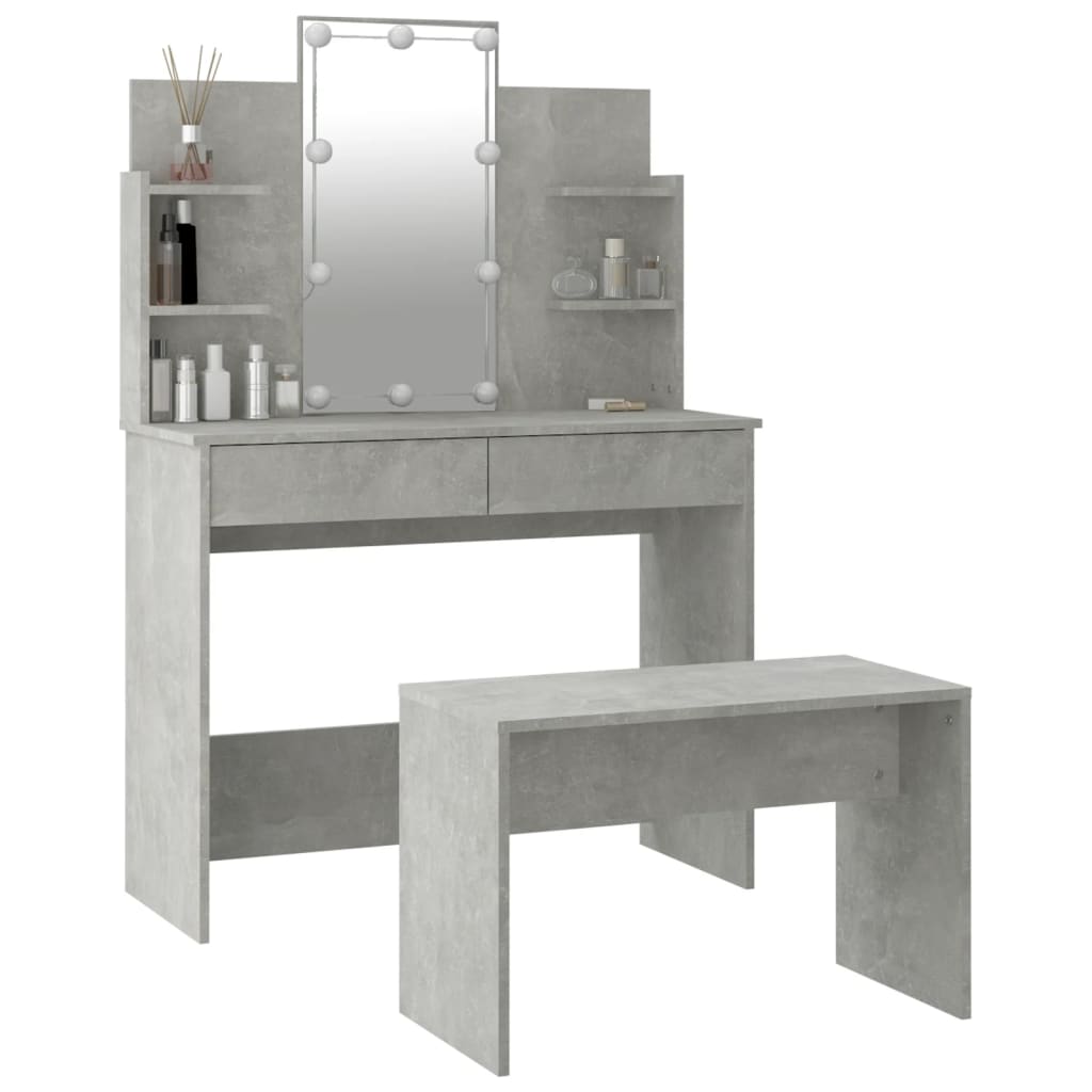 vidaXL Dressing Table Set with LED Concrete Grey Engineered Wood