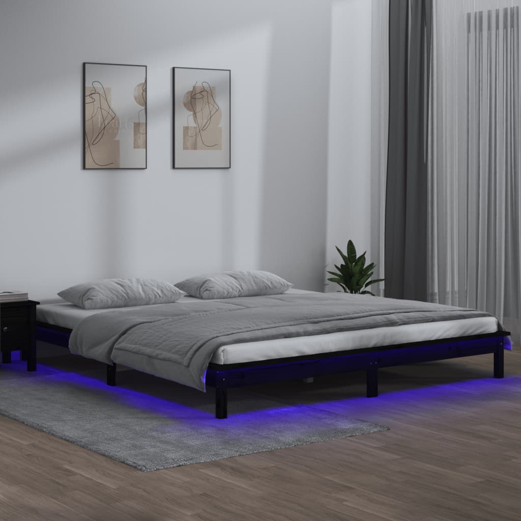 vidaXL LED Bed Frame Black 150x200 cm King Size Solid Wood