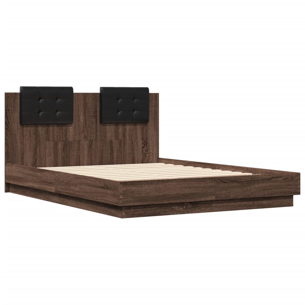 vidaXL Bed Frame with Headboard and LED Lights Brown Oak 140x190 cm