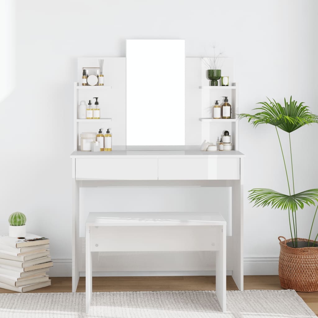 vidaXL Dressing Table with Mirror High Gloss White 96x40x142 cm