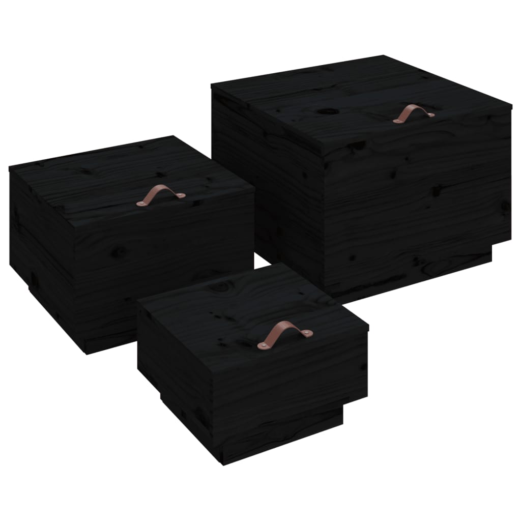 vidaXL Storage Boxes with Lids 3 pcs Black Solid Wood Pine