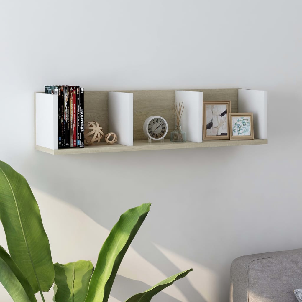 vidaXL CD Wall Shelf White and Sonoma Oak 75x18x18 cm Engineered Wood