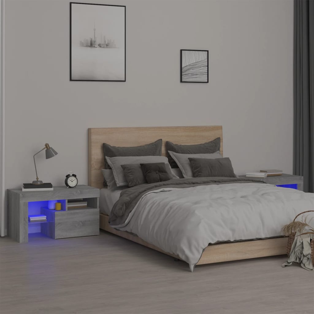 vidaXL Bedside Cabinets 2 pcs with LED Lights Grey Sonoma 70x36.5x40 cm