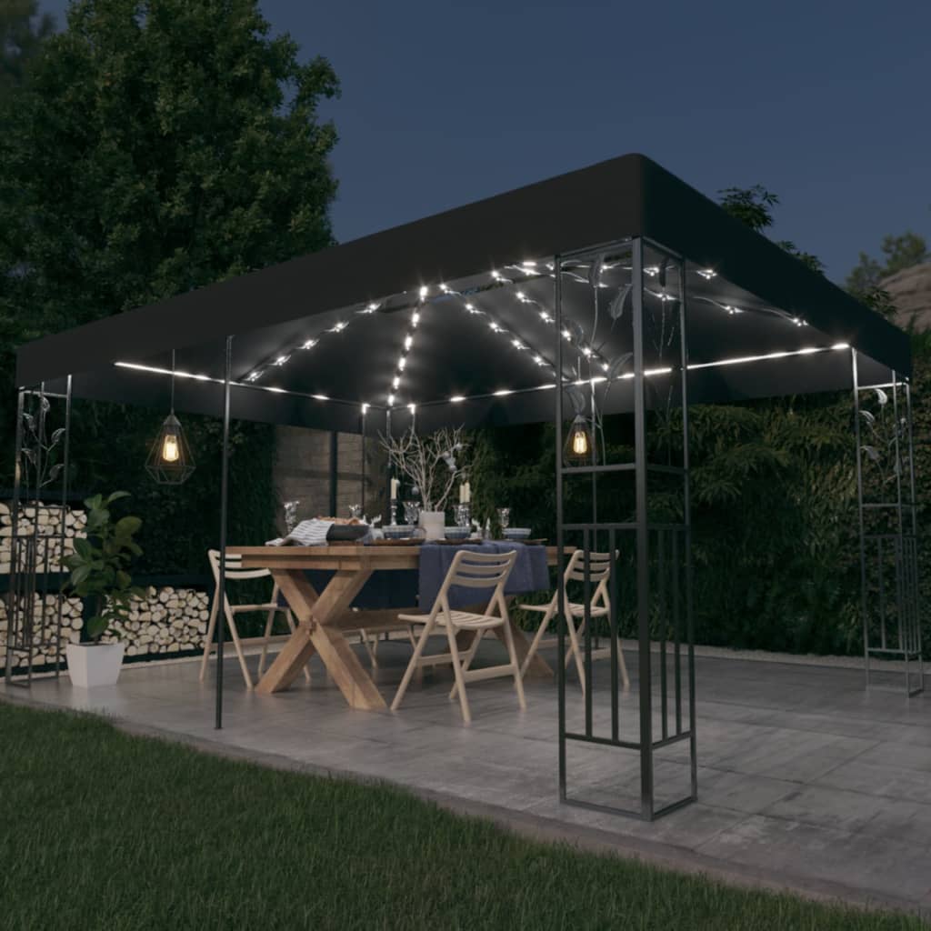 vidaXL Gazebo with Double Roof&LED String Lights 3x4m Anthracite