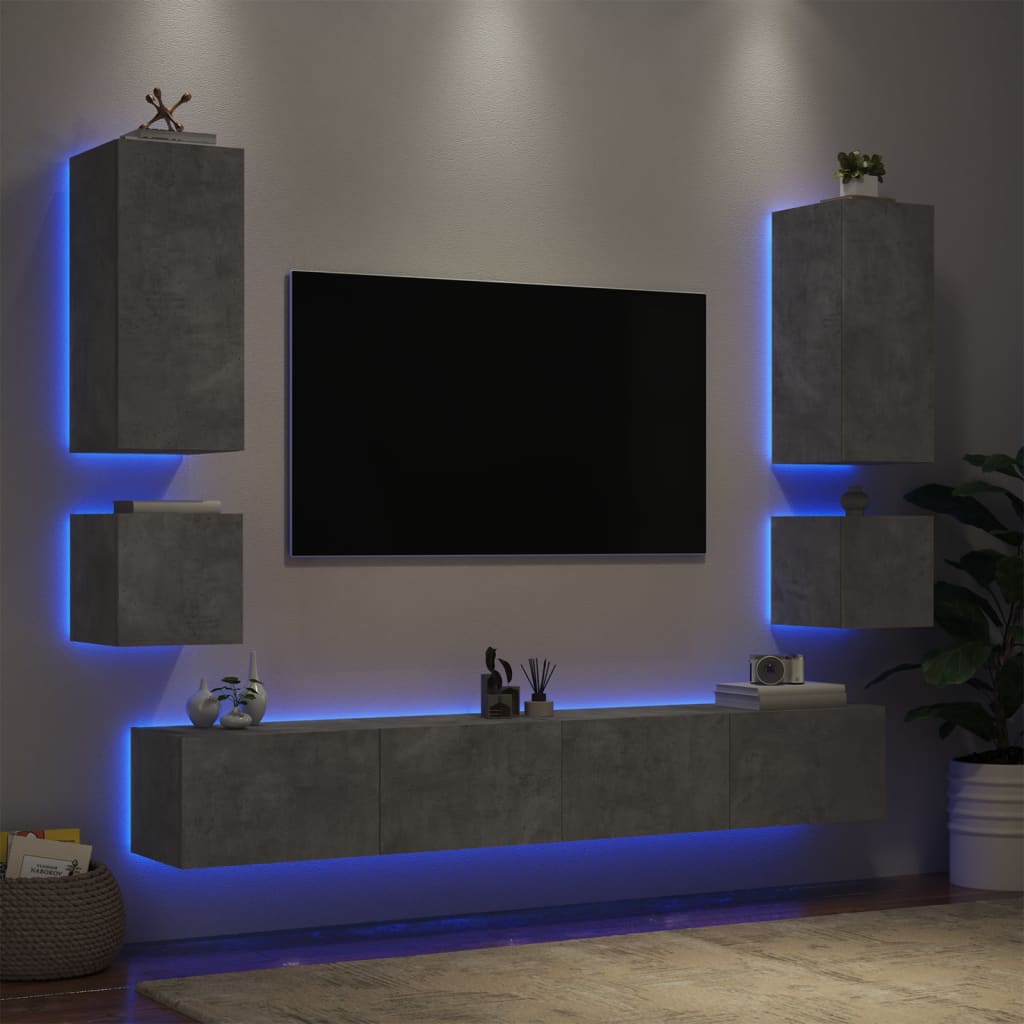 vidaXL 6 Piece TV Wall Cabinets with LED Lights Concrete Grey