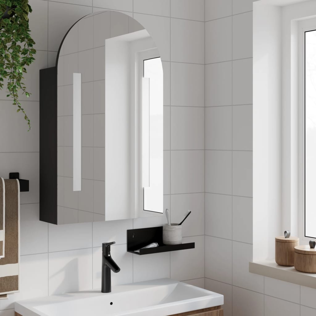 vidaXL Bathroom Mirror Cabinet with LED Light Arched Black 42x13x70 cm