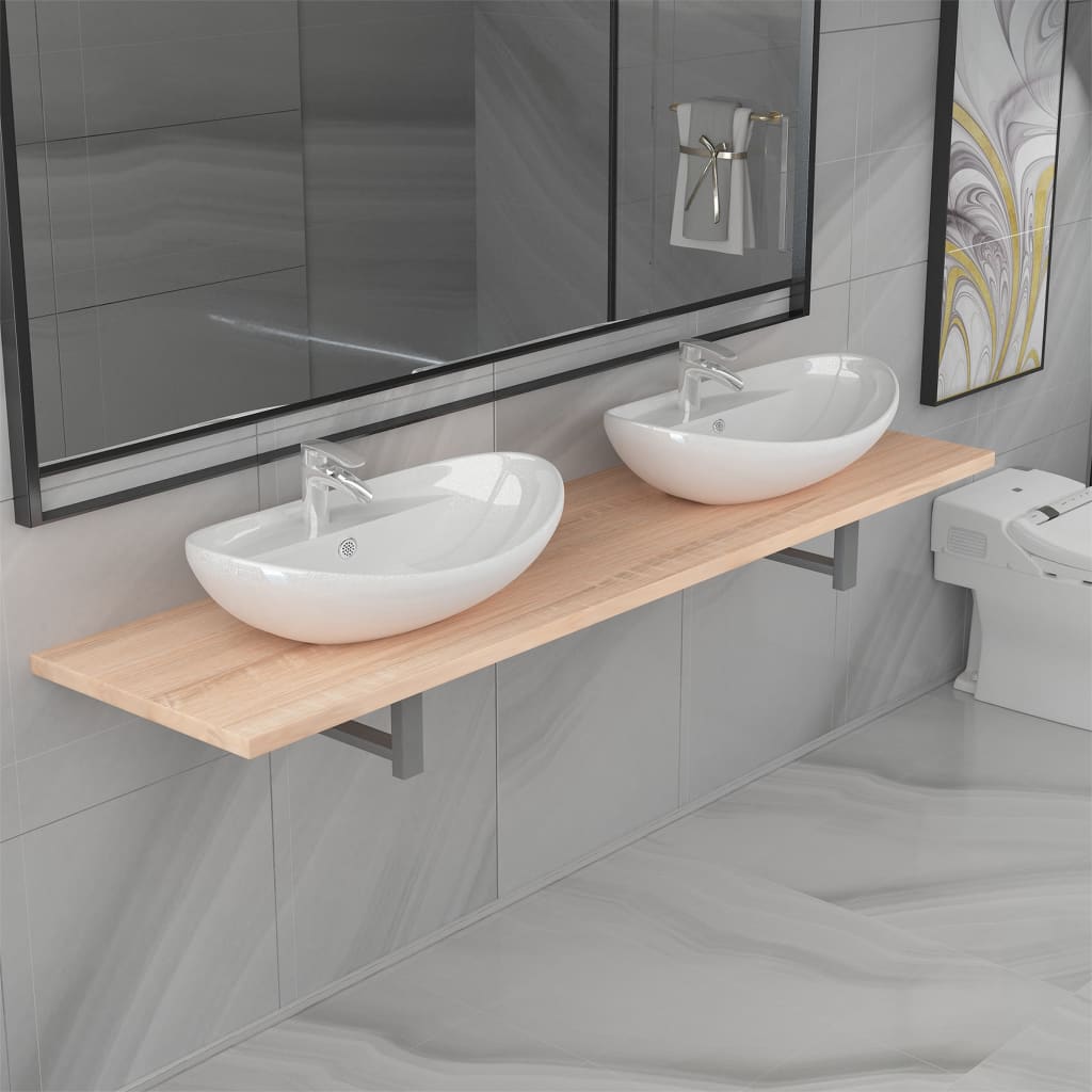 vidaXL Three Piece Bathroom Furniture Set Ceramic Oak