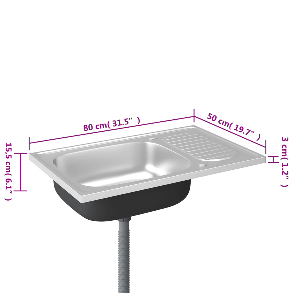 vidaXL Kitchen Sink with Drainer Set Silver 800x500x155 mm Stainless Steel