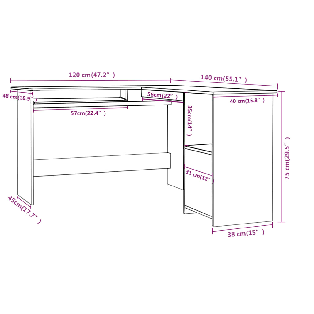 vidaXL L-Shaped Corner Desk Black 120x140x75 cm Engineered Wood
