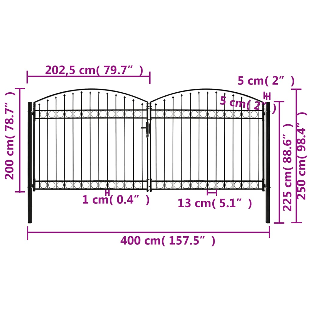 vidaXL Fence Gate Double Door with Arched Top Steel 400x200 cm Black