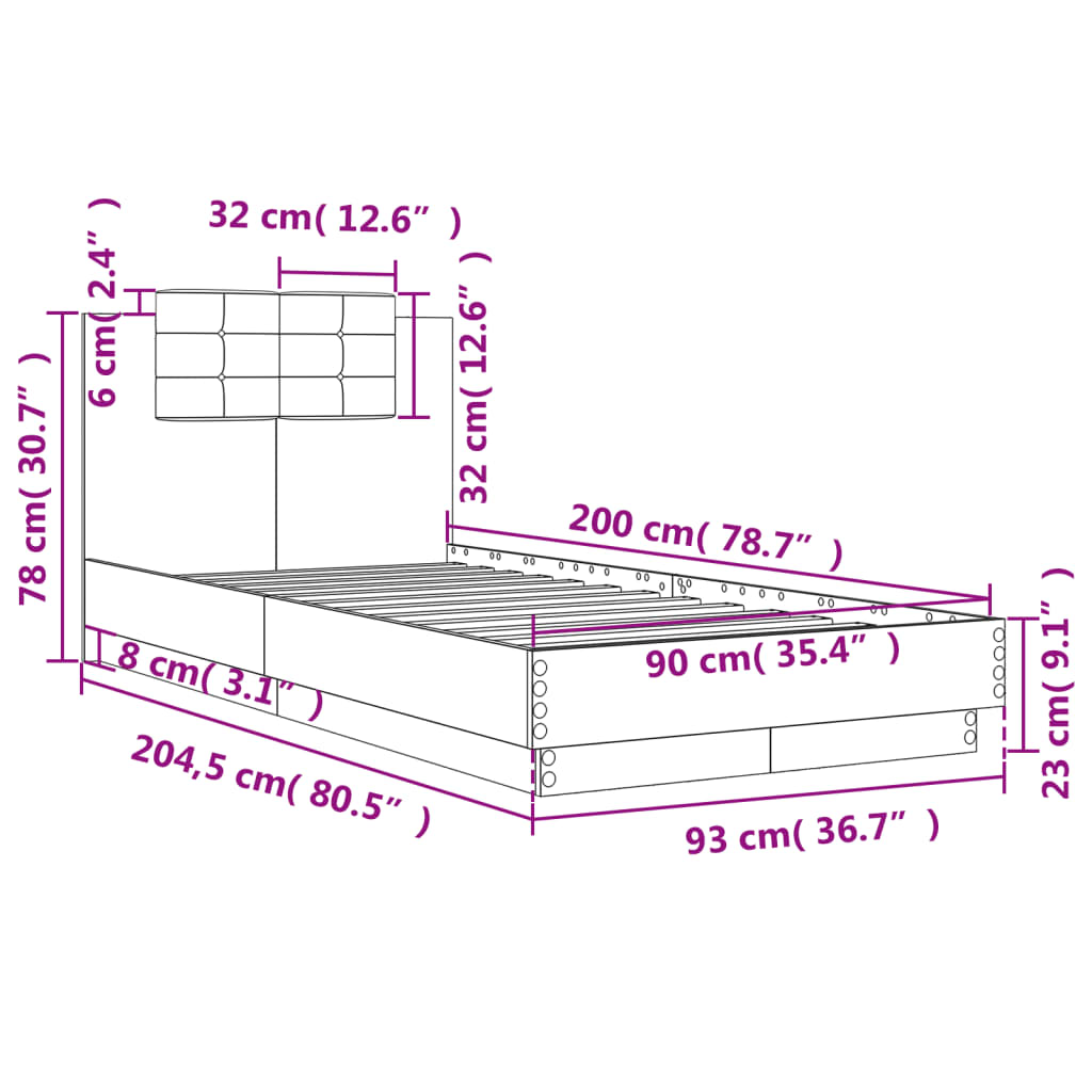 vidaXL Bed Frame with Headboard and LED Lights Sonoma Oak 90x200 cm