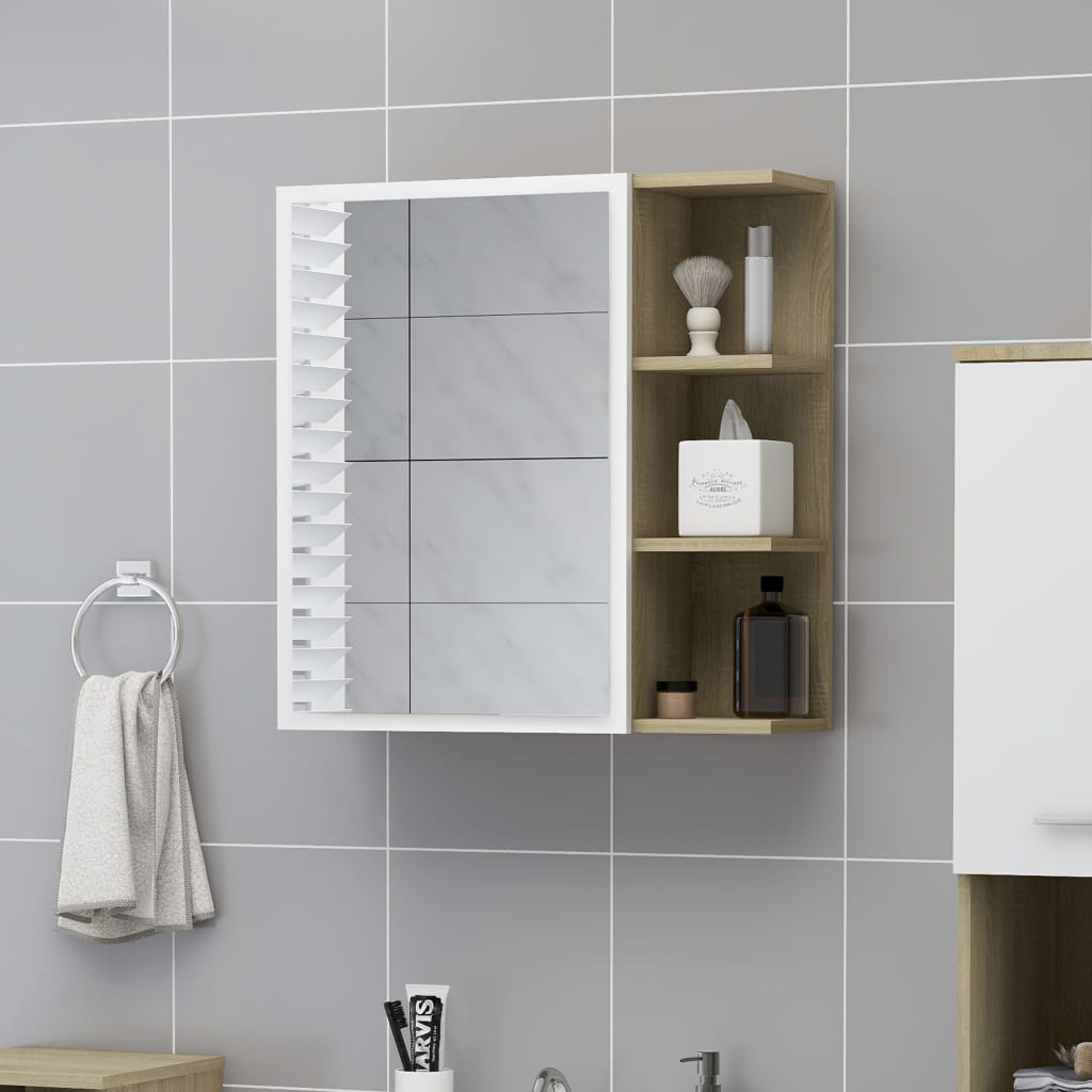 vidaXL Bathroom Mirror Cabinet White and Sonoma Oak 62.5x20.5x64 cm Engineered Wood