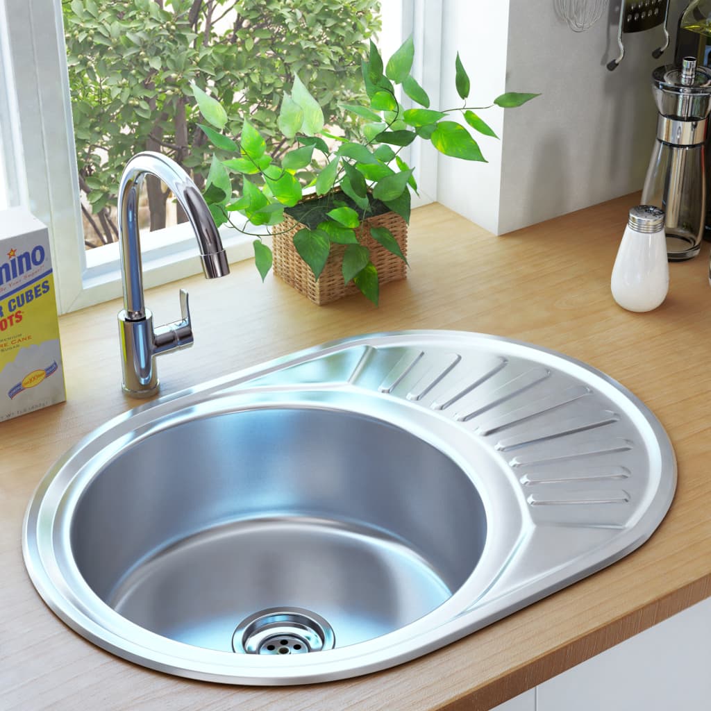 vidaXL Kitchen Sink with Strainer and Trap Oval Stainless Steel