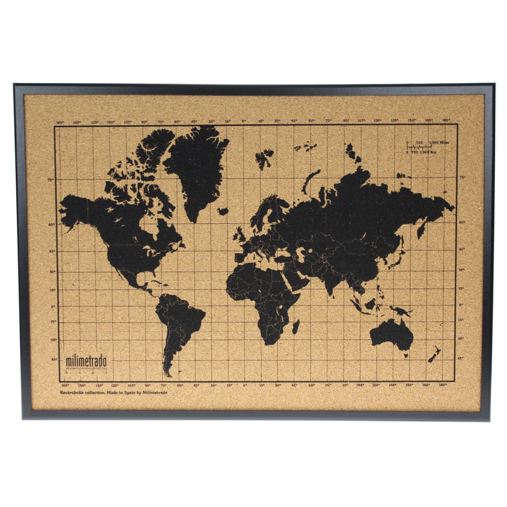 milimetrado World Map Corkboard with Frame Black and Brown 70x50 cm