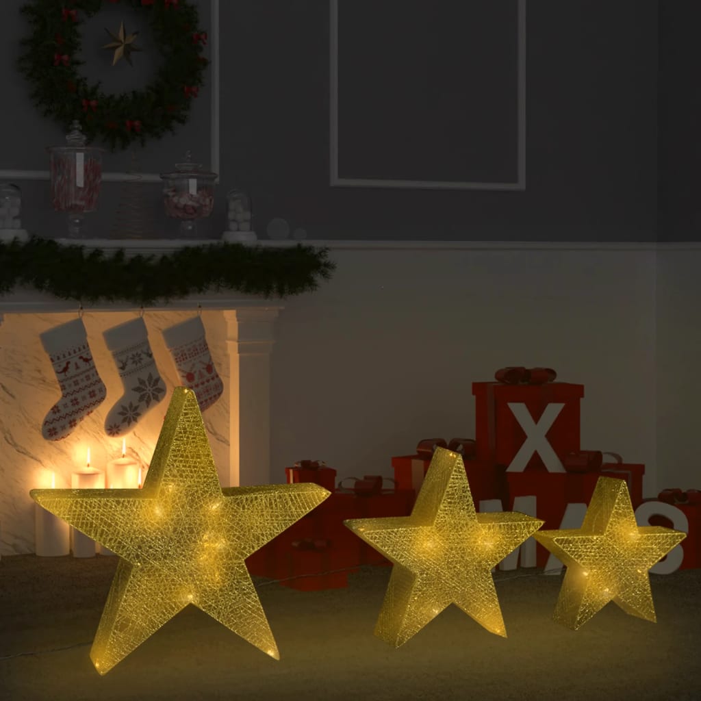 vidaXL Christmas Decoration Stars 3 pcs Gold Mesh LED Outdoor Indoor