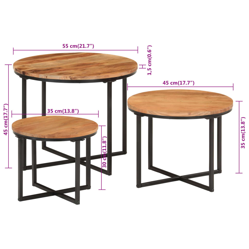 vidaXL Nesting Coffee Tables 3 pcs Solid Wood Acacia and Iron