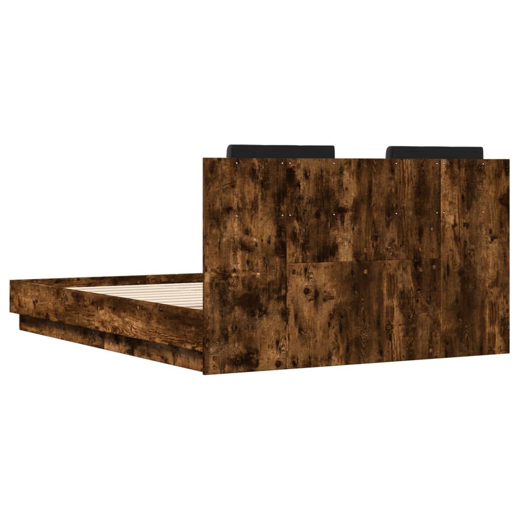 vidaXL Bed Frame with Headboard and LED Lights Smoked Oak 140x190 cm