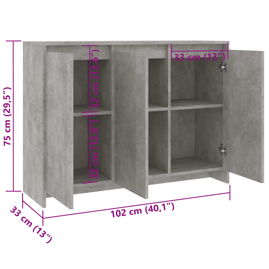 vidaXL Sideboard Concrete Grey 102x33x75 cm Engineered Wood
