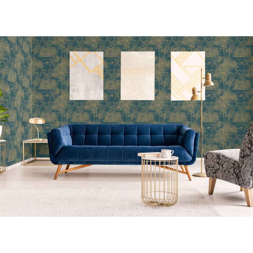 DUTCH WALLCOVERINGS Wallpaper Tropical Dark Blue and Gold