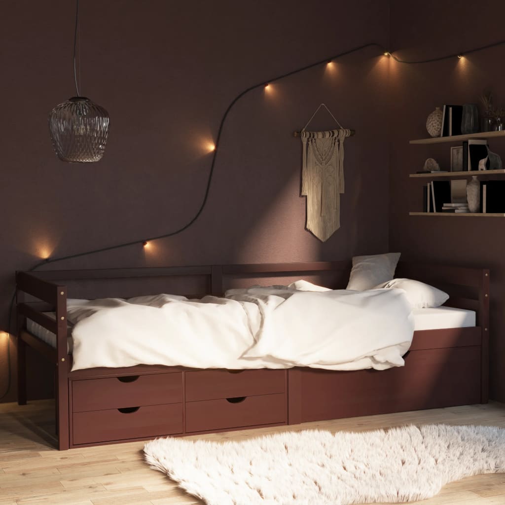 vidaXL Bed Frame with Drawers&Cabinet Dark Brown Pinewood 90x200 cm