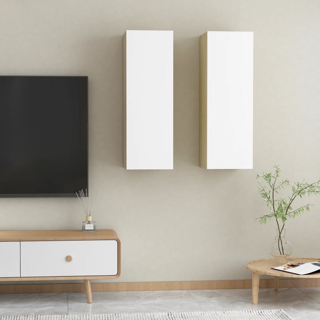 vidaXL TV Cabinets 2 pcs White and Sonoma Oak 30.5x30x90 cm Engineered Wood