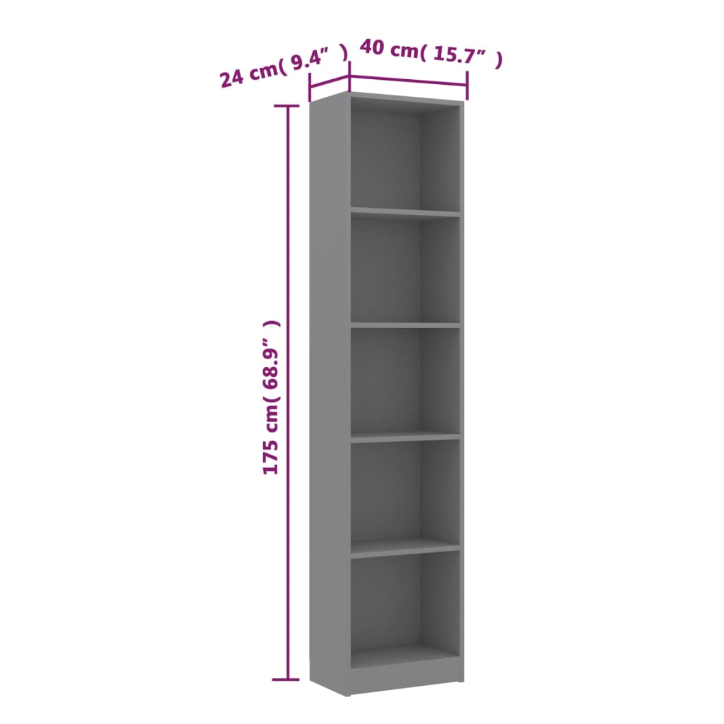 vidaXL 5-Tier Book Cabinet Grey 40x24x175 cm Chipboard