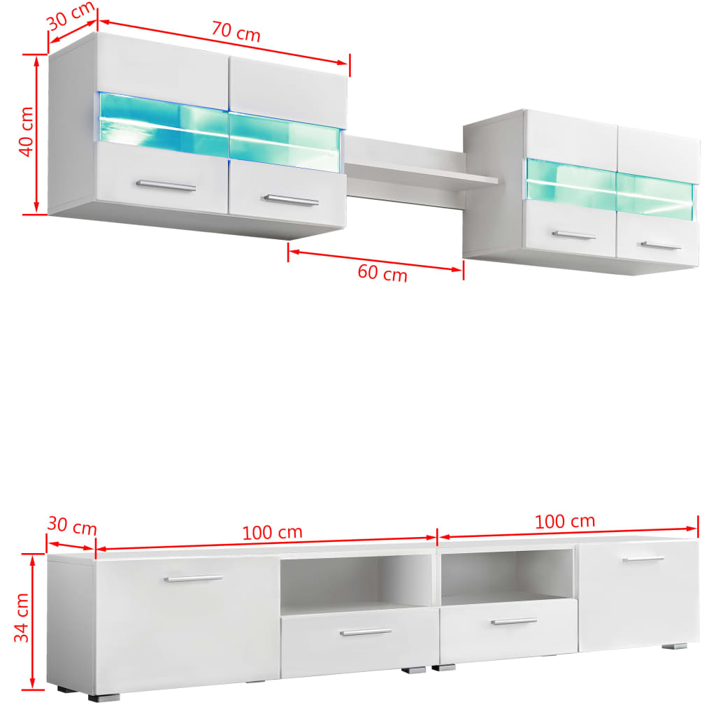 vidaXL TV Wall Unit Set 5 Pieces with LED Lights High Gloss White