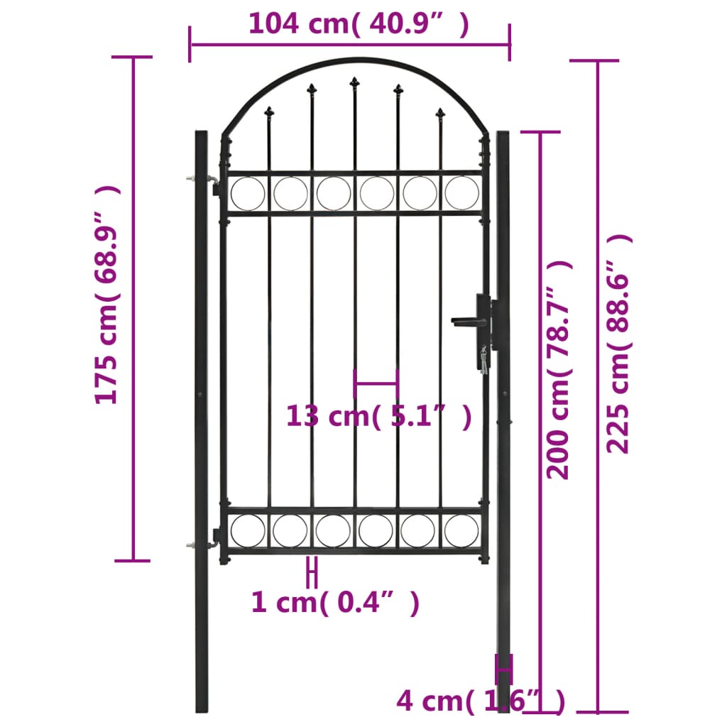 vidaXL Fence Gate with Arched Top Steel 100x175 cm Black