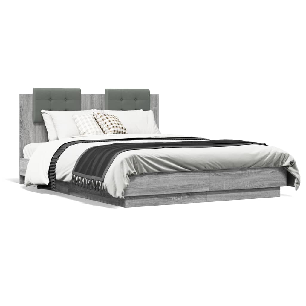 vidaXL Bed Frame with Headboard and LED Lights Grey Sonoma 120x190 cm Small Double