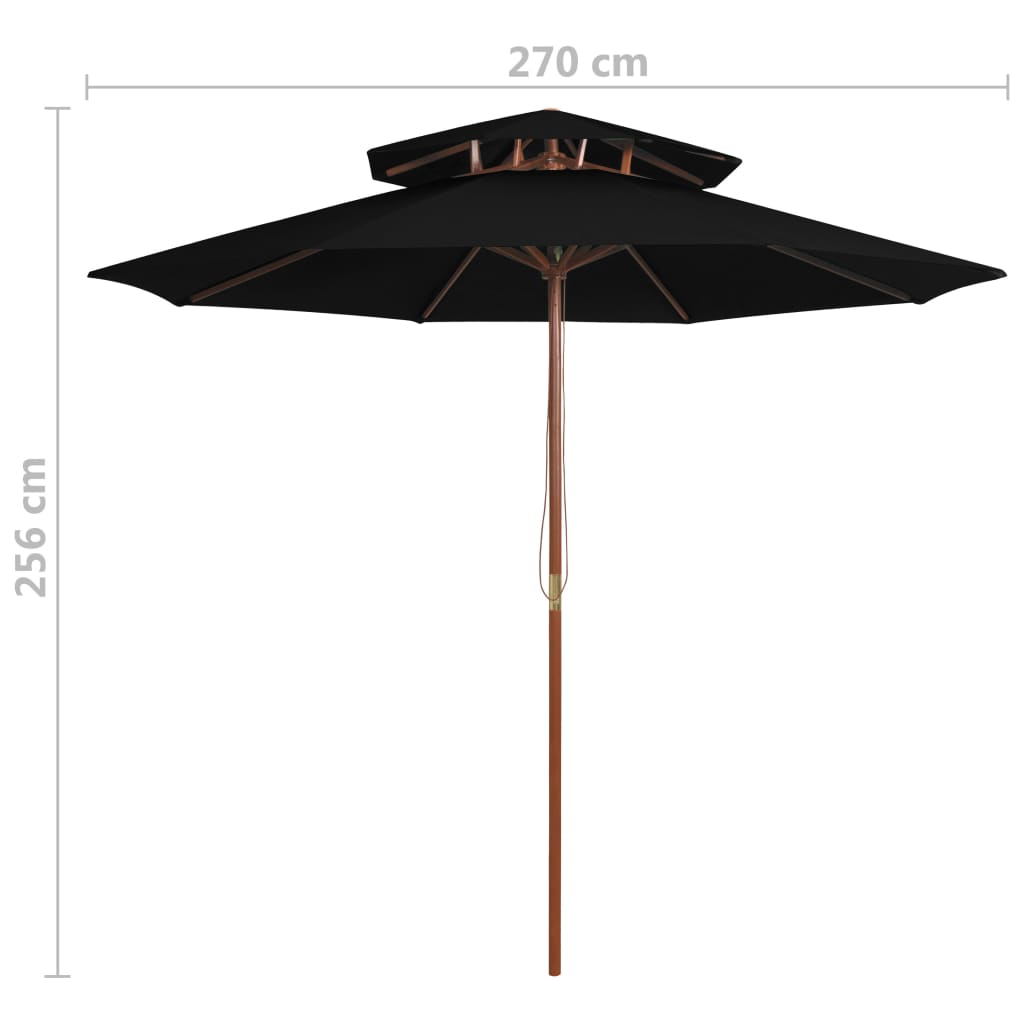 vidaXL Double Decker Parasol with Wooden Pole Black 270 cm