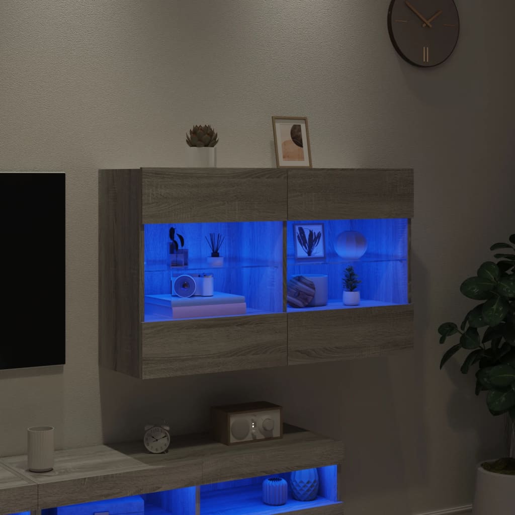 vidaXL TV Wall Cabinet with LED Lights Grey Sonoma 98.5x30x60.5 cm