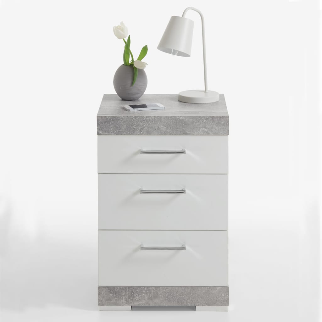 FMD Bedside Table with 3 Drawers Concrete Grey and Glossy White