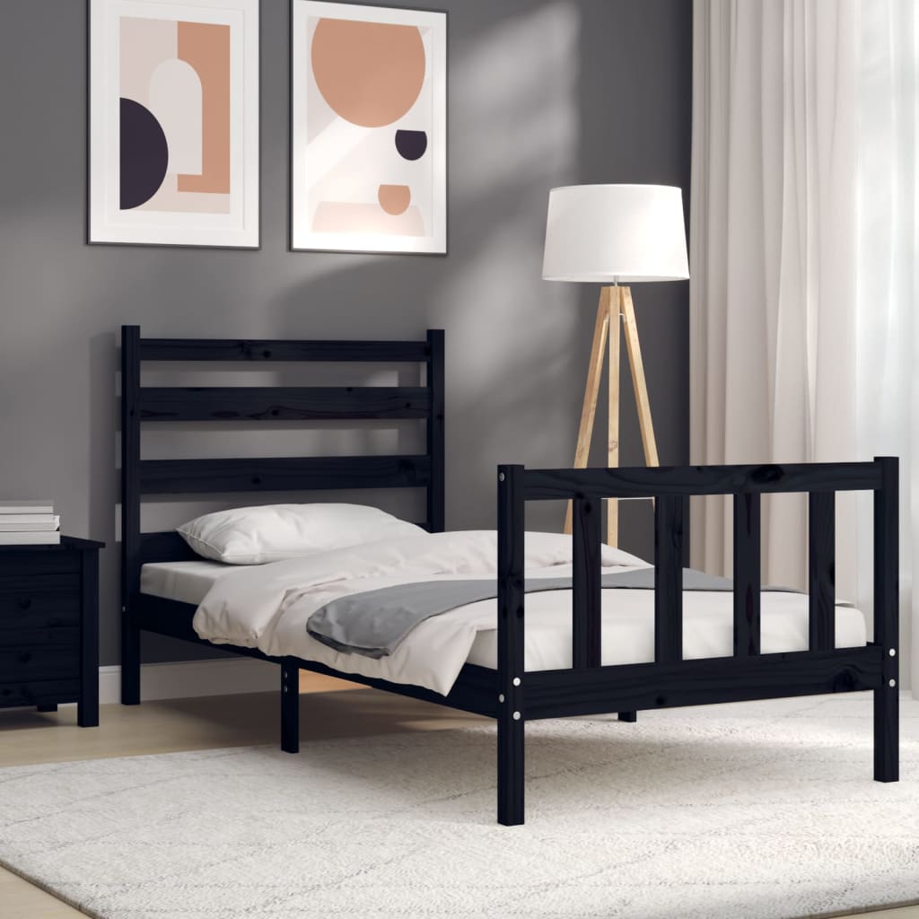 vidaXL Bed Frame with Headboard Black Small Single Solid Wood