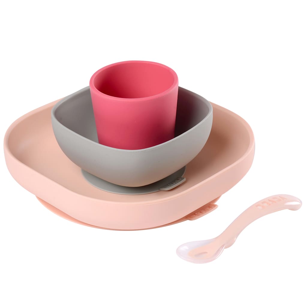 Beaba 4 Piece Silicone Meal Set Pink and Coral