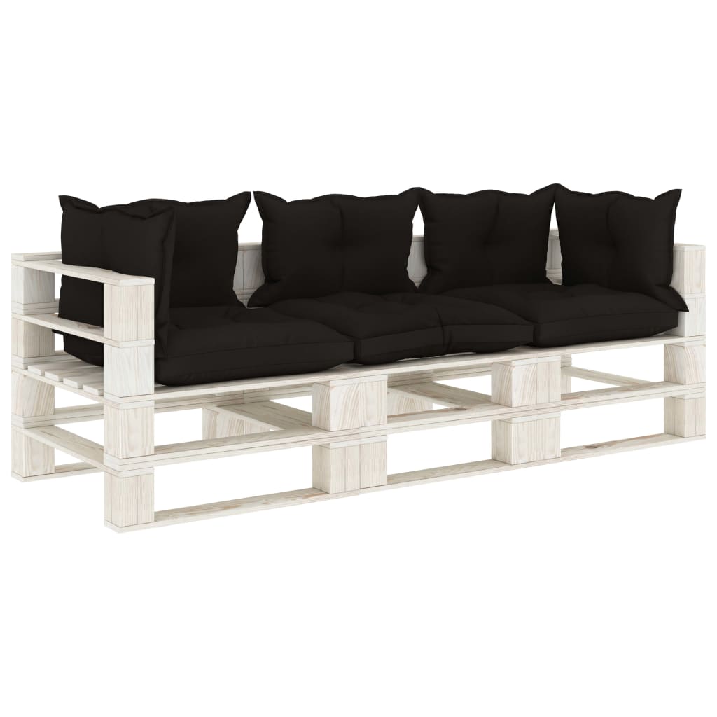 vidaXL Garden Pallet Sofa 3-Seater with Black Cushions Wood