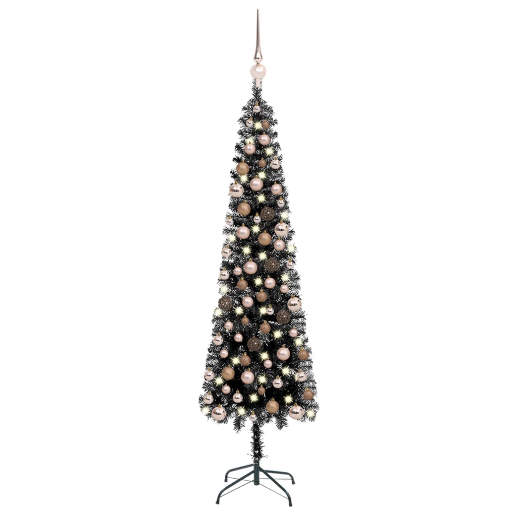 vidaXL Slim Pre-lit Christmas Tree with Ball Set Black 210 cm