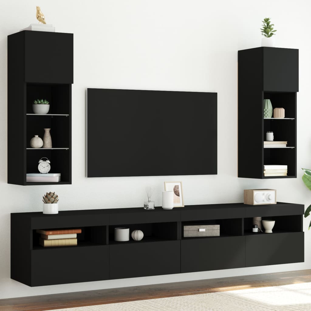 vidaXL TV Cabinets with LED Lights 2 pcs Black 30.5x30x90 cm
