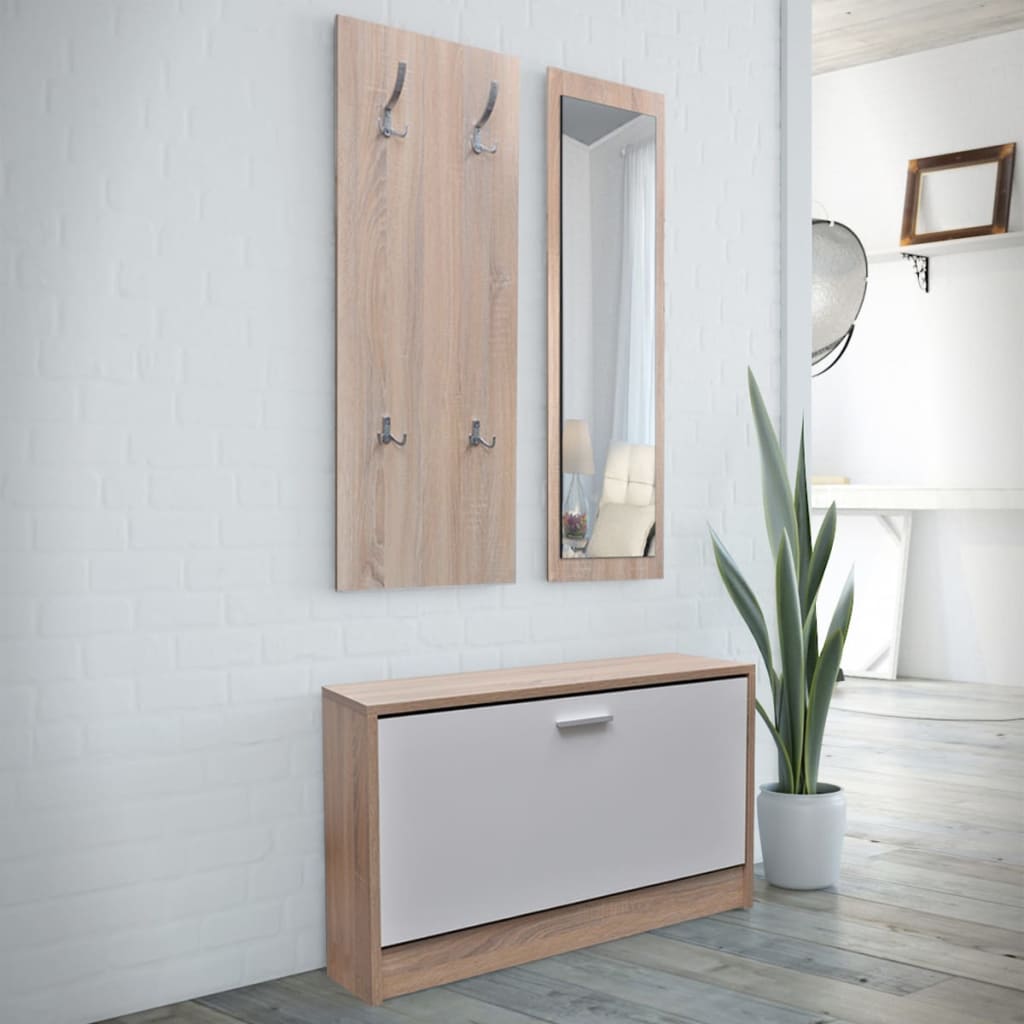 vidaXL Oak and White 3-in-1 Wooden Shoe Cabinet Set