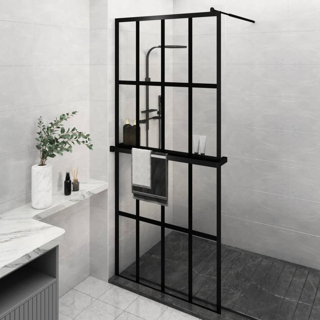 vidaXL Walk-in Shower Wall with Shelf Black 100x195 cm ESG Glass&Aluminium