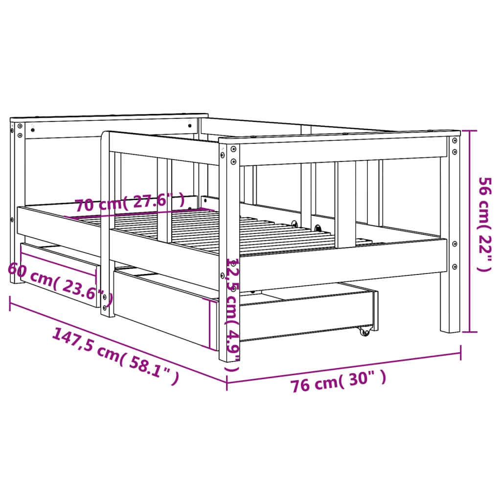 vidaXL Kids Bed Frame with Drawers Black 70x140 cm Solid Wood Pine