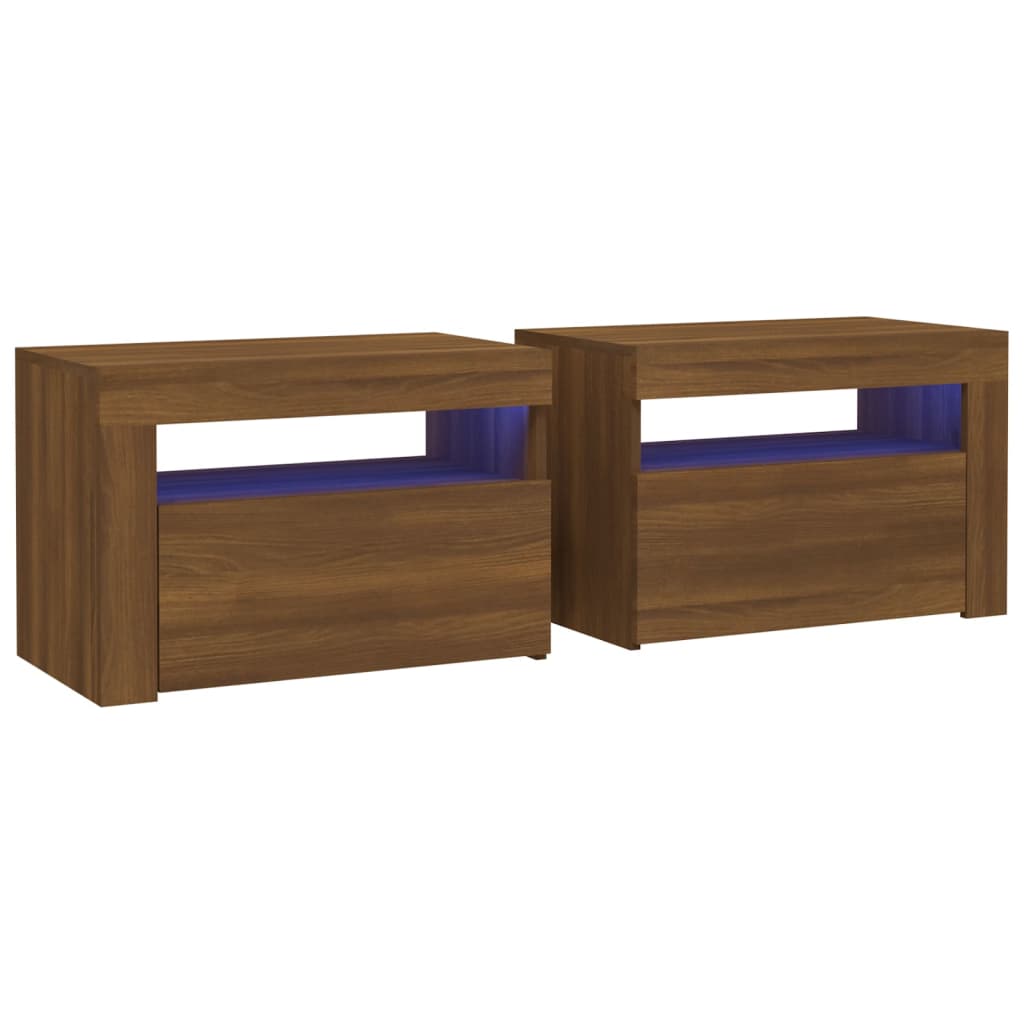 vidaXL Bedside Cabinets 2 pcs with LEDs Brown Oak 60x35x40 cm