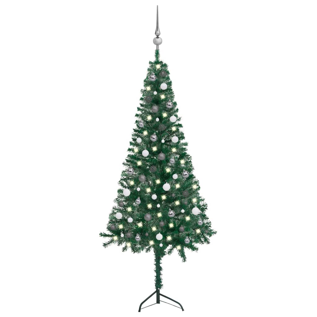 vidaXL Corner Artificial Christmas Tree LEDs&Ball Set Green 210 cm PVC
