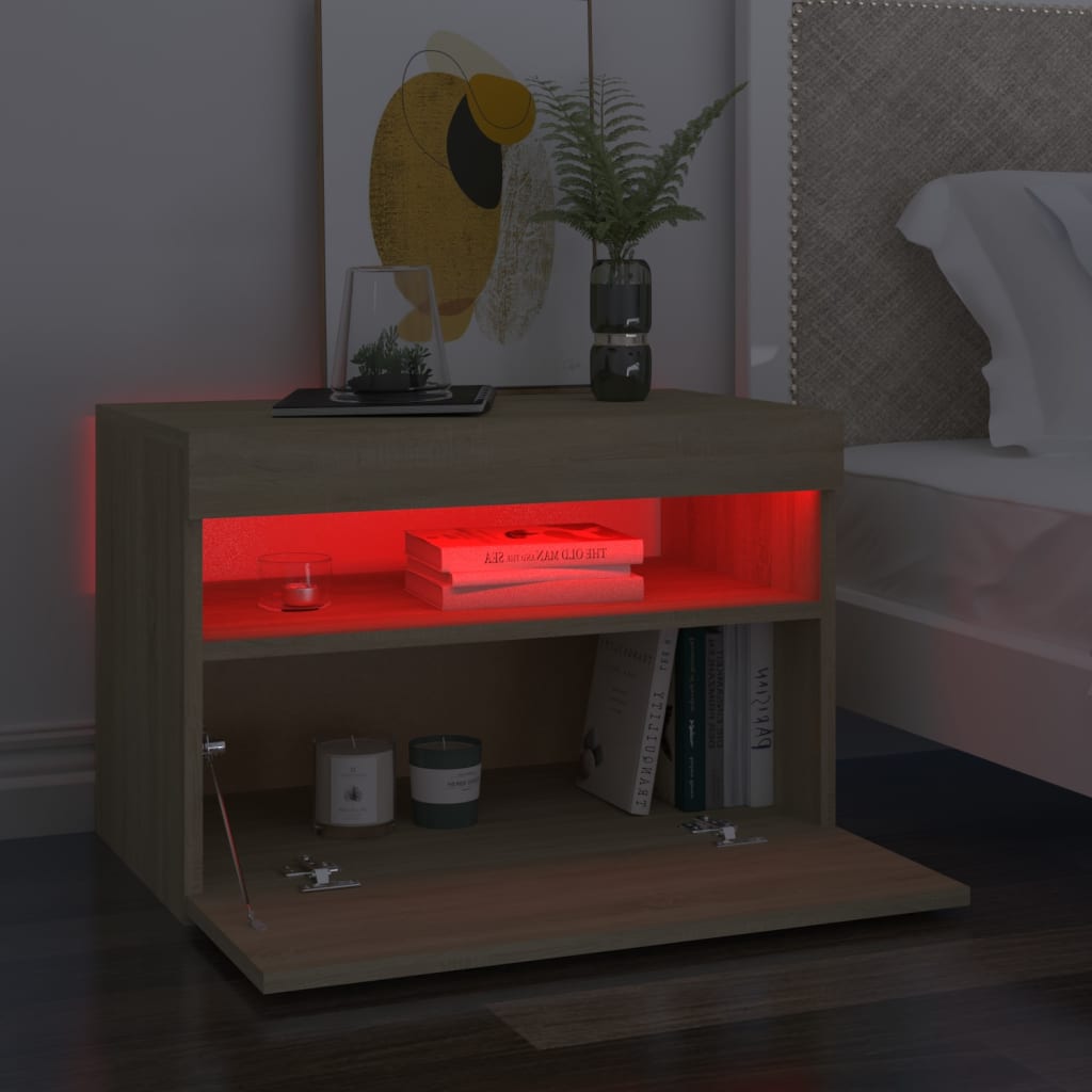 vidaXL Bedside Cabinet & LED Lights Sonoma Oak 60x35x40 cm Engineered Wood