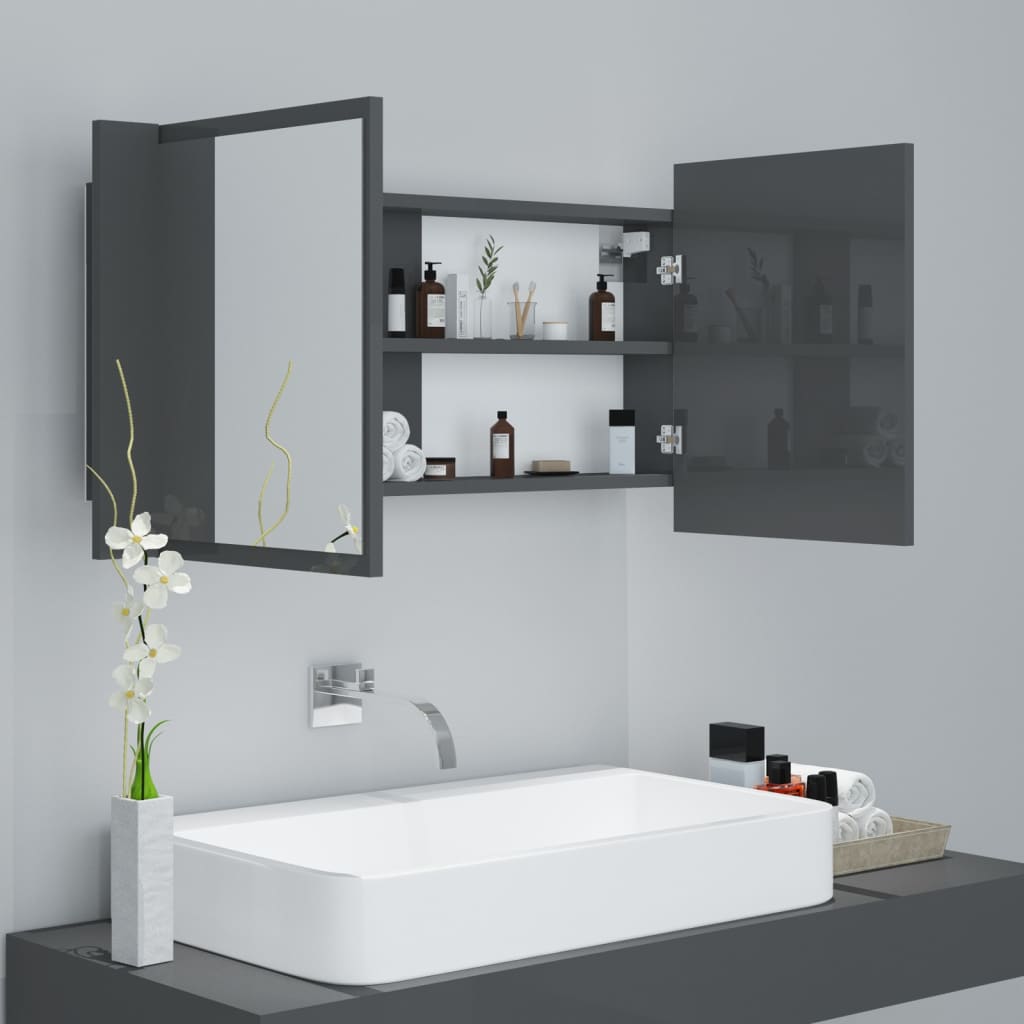 vidaXL LED Bathroom Mirror Cabinet High Gloss Grey 90x12x45 cm Acrylic