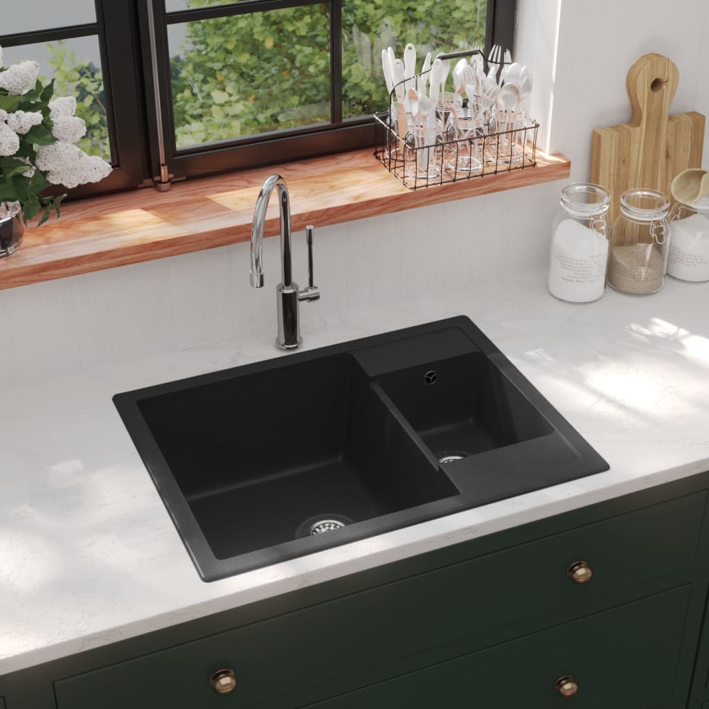 vidaXL Kitchen Sink with Overflow Hole Double Basins Black Granite